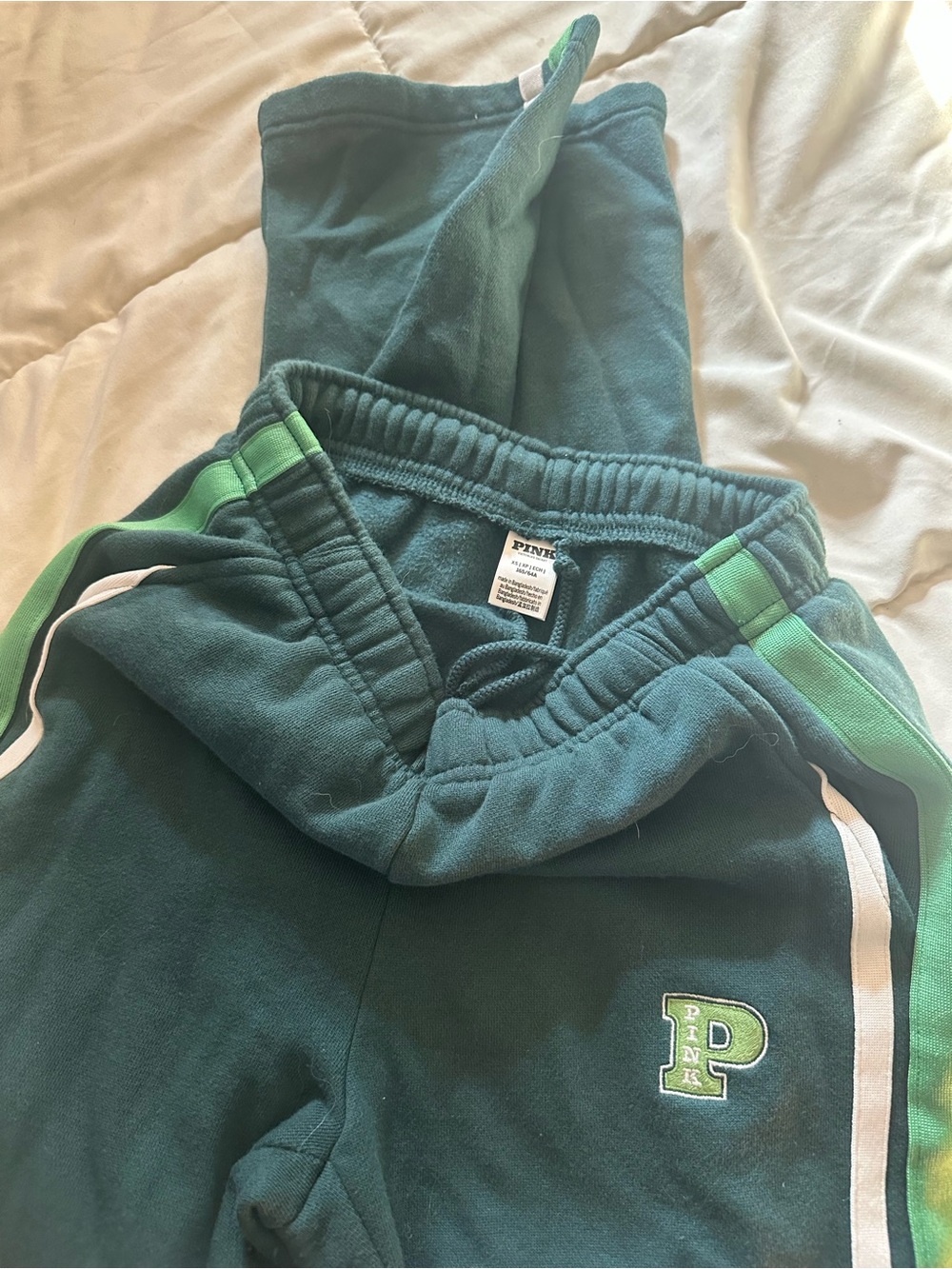 PINK Victoria's Secret Dark Green Track Joggers with Light Green & White Stripes